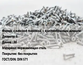 Шуруп с плоской головкой, с крестообразным шлицем 5х30 нержавеющая сталь без покрытия ГОСТ: DIN 571